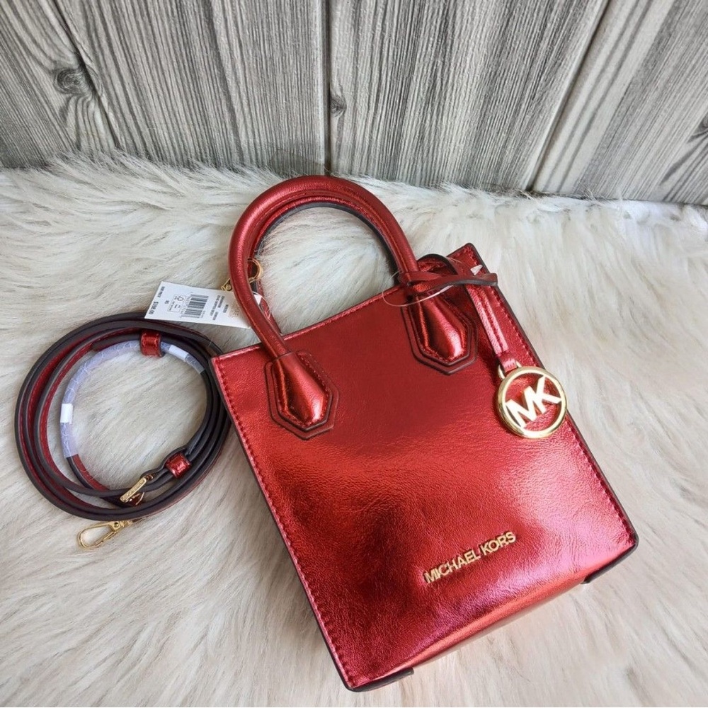 NWT MICHAEL KORS MERCER XS NORTH SOUTH SHOULDER CROSSBODY BAG PATENT CRIMSON
